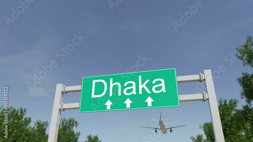 Airplane arriving to Dhaka airport. Travelling to Bangladesh conceptual 3D rendering photo