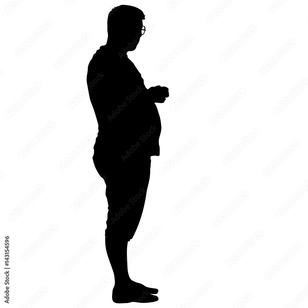 Black silhouette thick man standing, people on white background