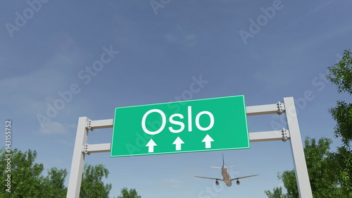 Airplane arriving to Oslo airport. Travelling to Norway conceptual 3D rendering photo