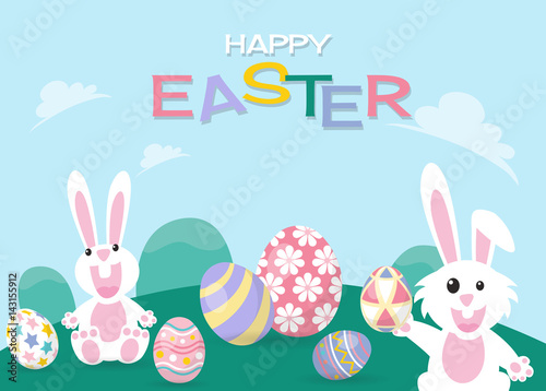 Colorful Happy Easter greeting card with rabbit, bunny and eggs