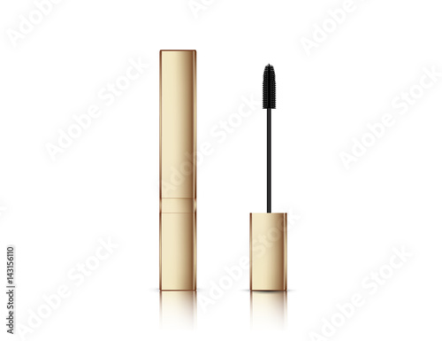 Gold lash mascara tube with brush. Fashion make-up Vector illustration mock up