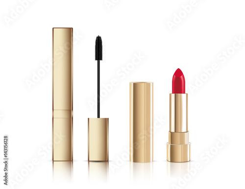 Gold lash mascara tube with brush and lipstick. Fashion make-up Vector illustration mock up