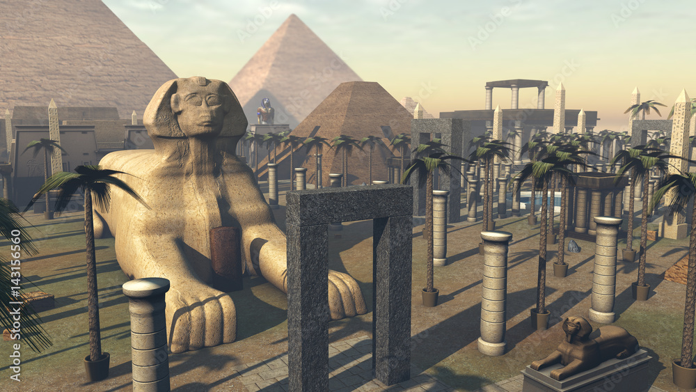 Ancient sphinx and architecture in a city of Egypt. 3D rendering