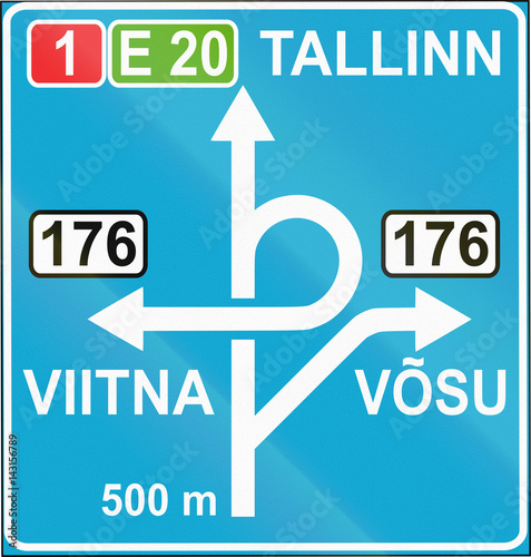 Estonian informatory road sign with directions and destinations