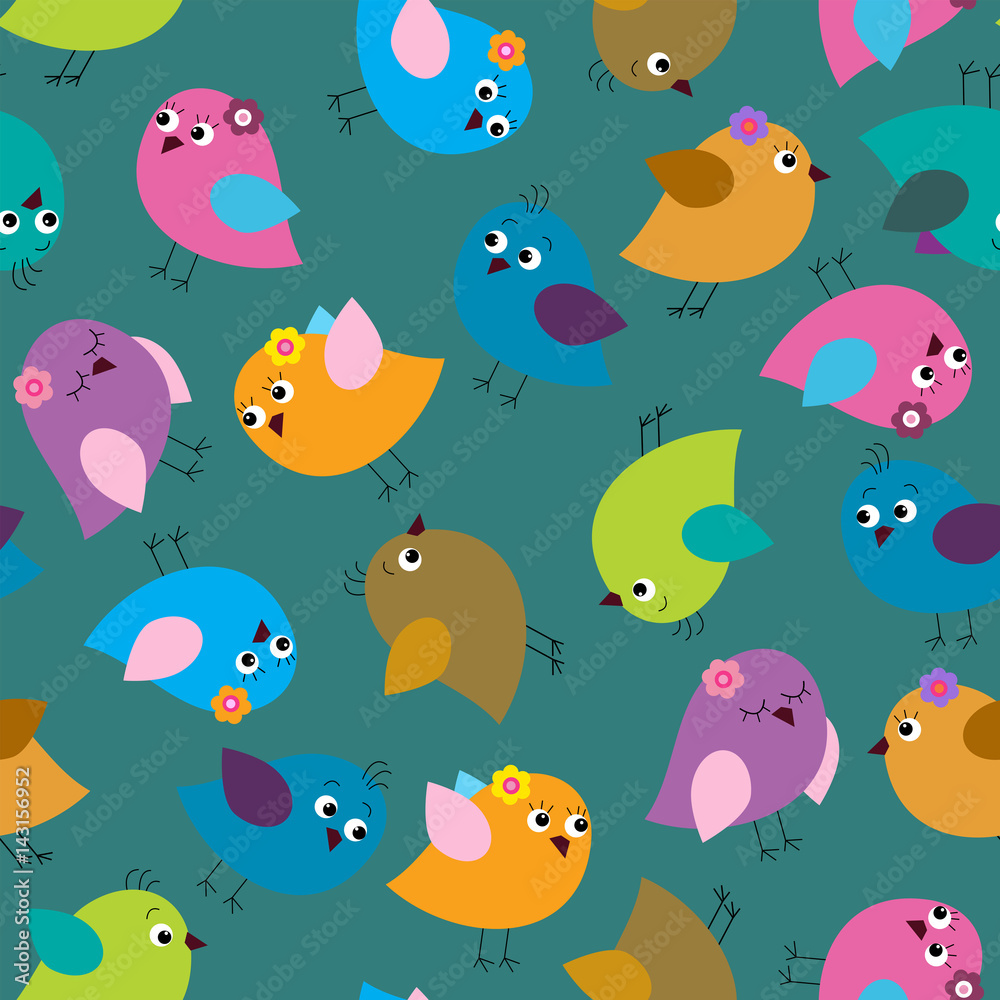 Cute seamless background with bright birds on a green background
