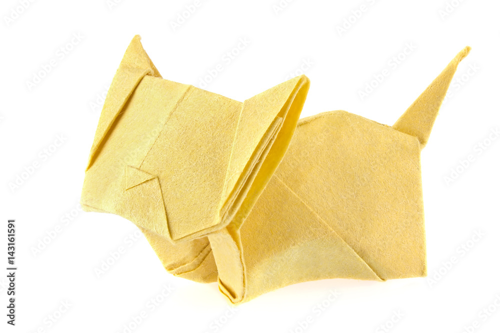 Yellow cat of origami, isolated on white background. Stock Yellow cat of origami, isolated on white background. Stock