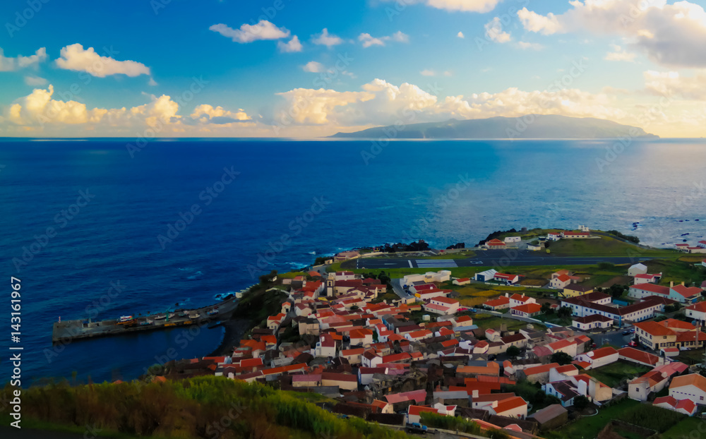 Aerial view to Vila do Corvo at sunset in Corvo island, Azores, Portugal