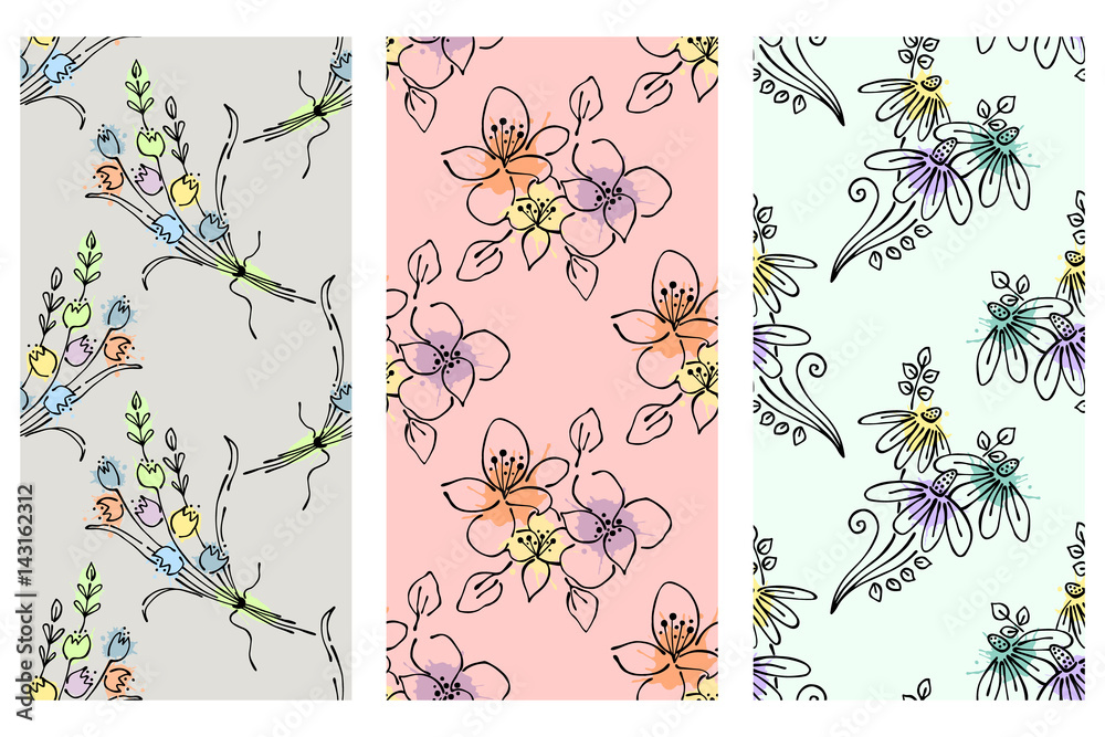 Vector set of seamless floral pattern with flowers, leaves, decorative elements, splash, blots, drop Hand drawn contour lines and strokes Doodle sketch style, graphic vector drawing illustration Vector set of seamless floral pattern with flowers, leaves, decorative elements, splash, blots, drop Hand drawn contour lines and strokes Doodle sketch style, graphic vector drawing illustration