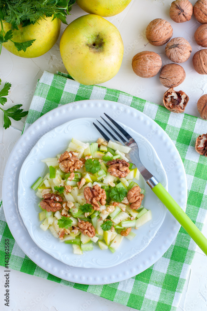 Waldorf salad with green apples, celery and walnuts