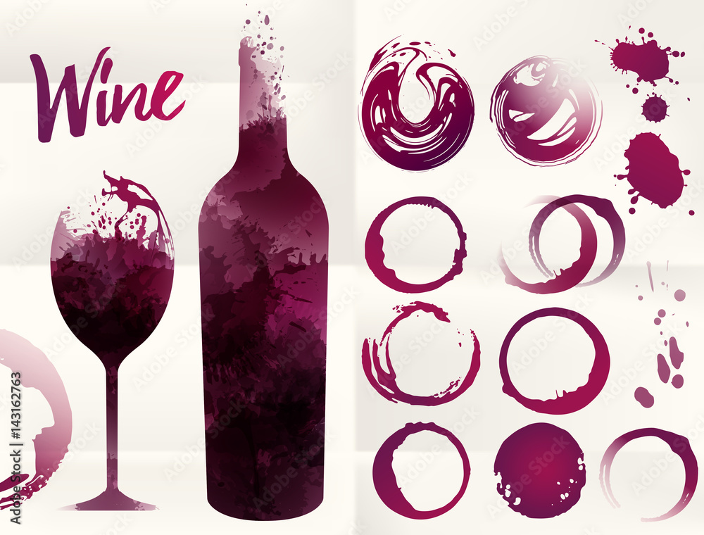 Obraz Illustration of glass and bottle wine background with spots. Wine stains set for your designs. Color red wine.