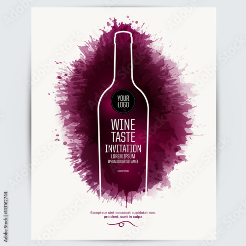 Design template list, wine tasting or invitation. Illustration bottle of wine. Background with wine stains, expressive texture