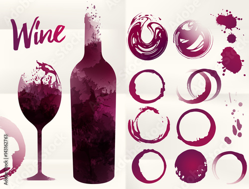 Illustration of glass and bottle wine background with spots. Wine stains set for your designs. Color red wine. 