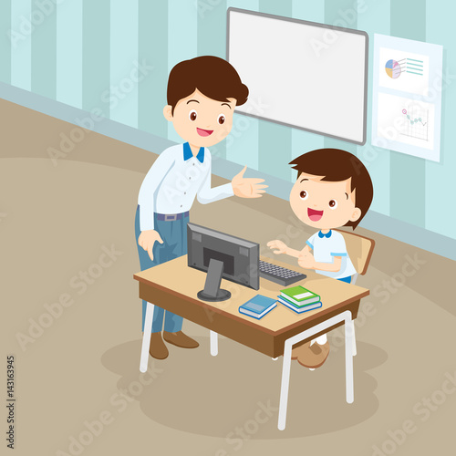 Teacher teaching computer to student boy