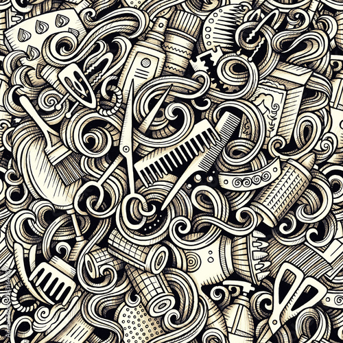 Graphic Hair salon hand drawn artistic doodles seamless pattern.