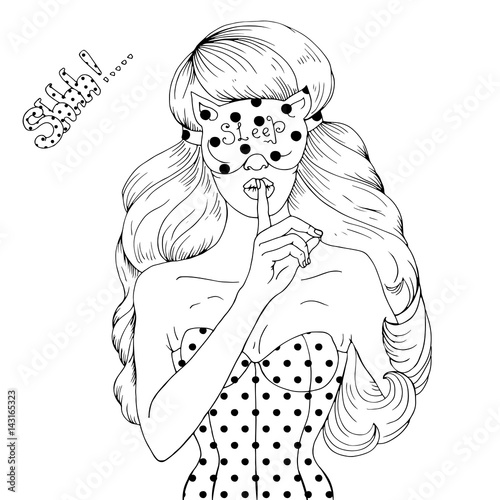 Vector drawing portrait of a sexy girl in a mask for sleep, asking for silence with the finger on her lips. Forefinger on lips in shh sign. Shhh text. Sleeping woman. Isolated on white background.