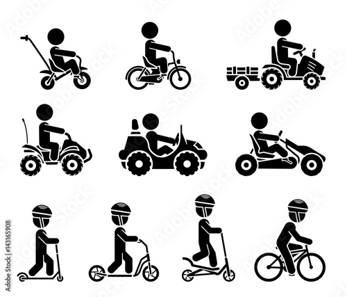 Set of pictograms representing children riding all sorts of vehicles. Various types of bikes, cars and scooters. Vector pictogram illustration.