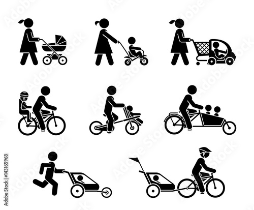Parents and their kids on the move. Set of pictogram icons representing parents take a ride with their children on various types of bicycles and baby carriage.
