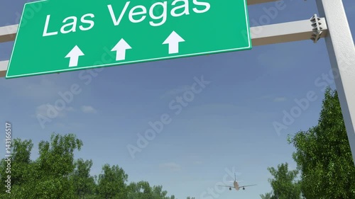 Airplane arriving to Las Vegas airport. Travelling to United States conceptual 4K animation