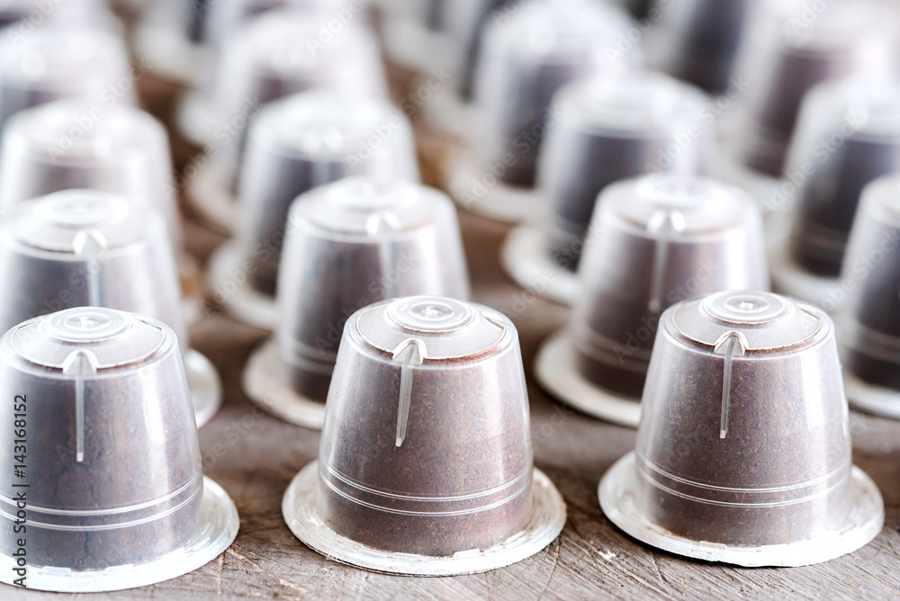 Coffee capsules for coffee machine Background with close up coffee capsules Horizontal photo Coffee capsules for coffee machine Background with close up coffee capsules Horizontal photo