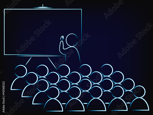 person writing on a blackboard with audience