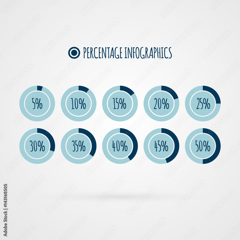 Vector percentage infographics. 5 10 15 20 25 30 35 40 45 50 percent pie charts. Circle diagrams isolated. Business illustration