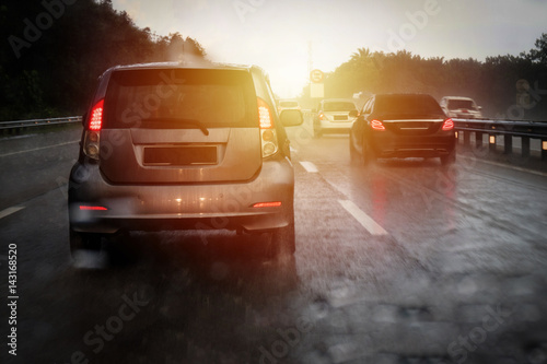 Highway traffic jam during heavy raining day