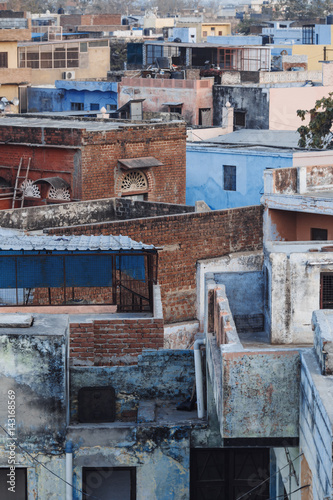 Pattern of the rooftop an aerial view. Densely built up area of India. Indian slums. © pridneprovskiy