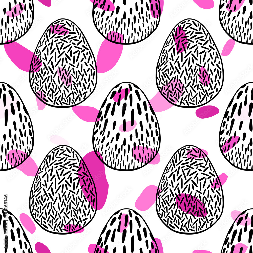 Fototapeta premium Seamless pattern with hand drawn ornamental eggs and colorful scattered confetti.
