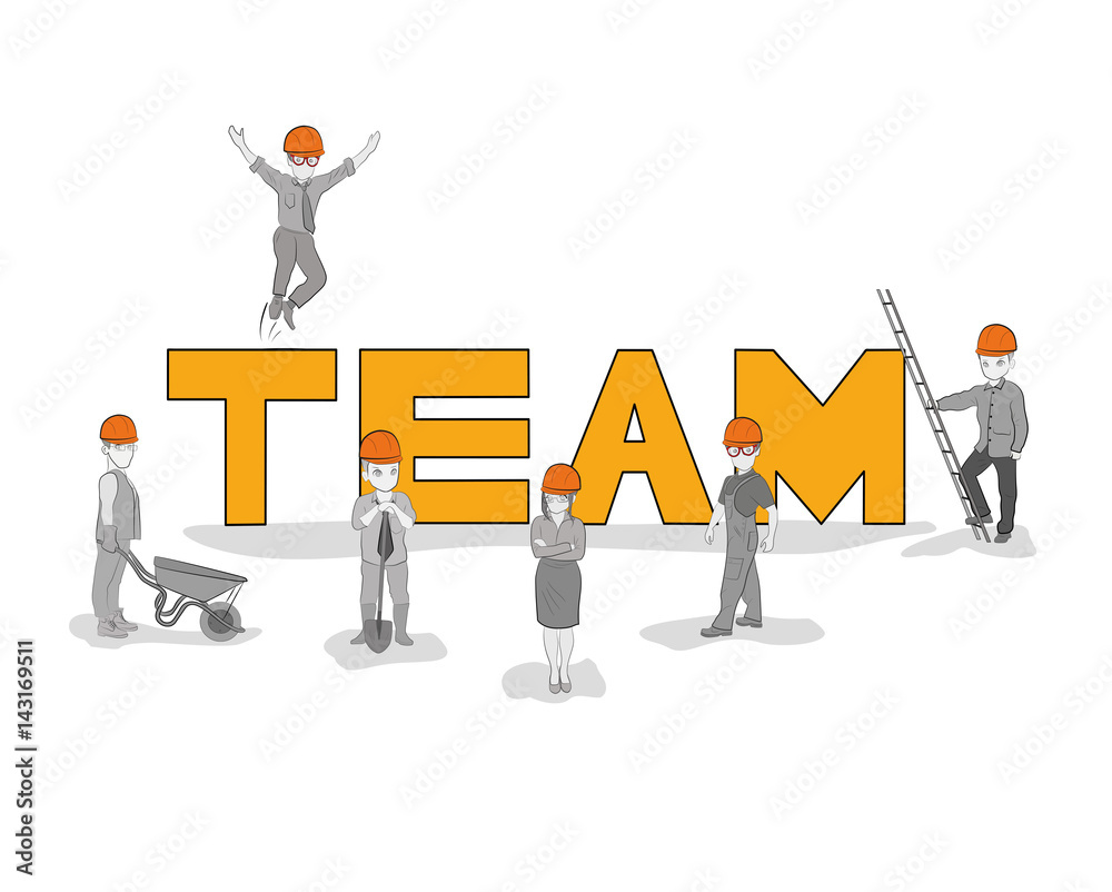Sketch of teamwork with working little people. Doodle cute miniature of word construction. Hand drawn cartoon vector illustration for business design and concepts.