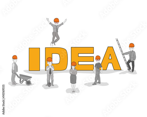 Cartoon working little people with word Idea. Doodle cute miniature scene of workers about creativity. Hand drawn cartoon vector illustration for business design.