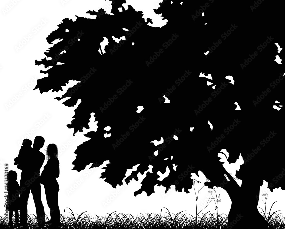 family under old oak silhouette isolated on white family under old oak silhouette isolated on white