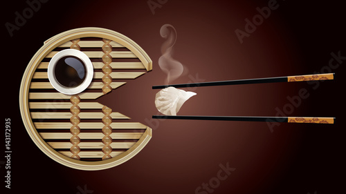 Vecter of Bamboo Steamer is eating dim sum (Har gau, steamed shrimp dumplings)  with chopsticks and sauce on brown background.