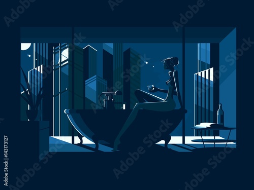 Silhouette of beautiful naked girl in bath