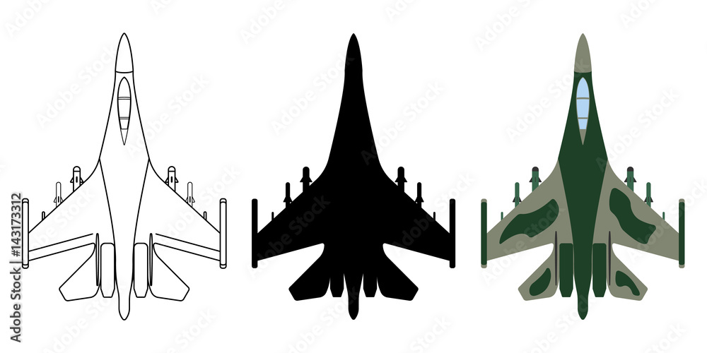 Fighter aircraft silhouette, cartoon, outline. Military equipment set icon. Vector illustration Fighter aircraft silhouette, cartoon, outline. Military equipment set icon. Vector illustration