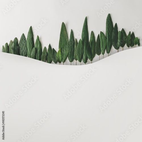 Winter forest landscape made of green leaves on bright background. Minimal nature concept. Flat lay. #143173341