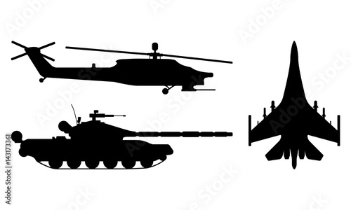 Fighter aircraft, tank, helicopter silhouette. Military equipment set icon. Vector illustration