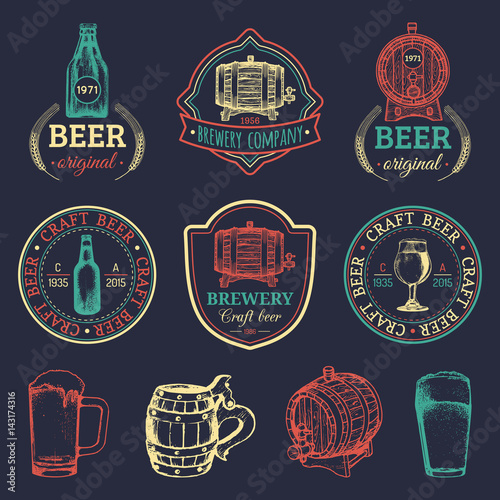 Old brewery logos set. Kraft beer retro images with hand sketched glass, barrel etc. Vector vintage labels or badges.