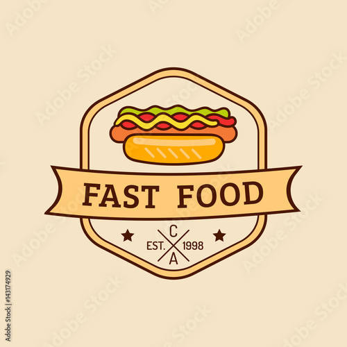 Vector vintage fast food logo. Retro hand drawn hot dog sign. Bistro icon. Used for street restaurant  cafe  bar menu.