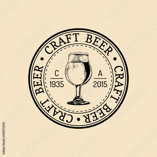 Kraft beer glass logo. Old brewery icon. Lager cup retro sign. Hand sketched ale illustration. Vector vintage label.