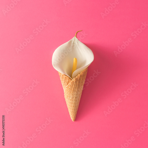 Ice cream cone with calla lily flower on pink background. Flat lay. Minimal summer concept.