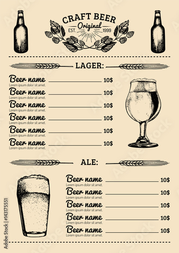 Beer menu design template.Vector pub, restaurant card with hand sketched lager,ale illustrations. Brewery elements icons