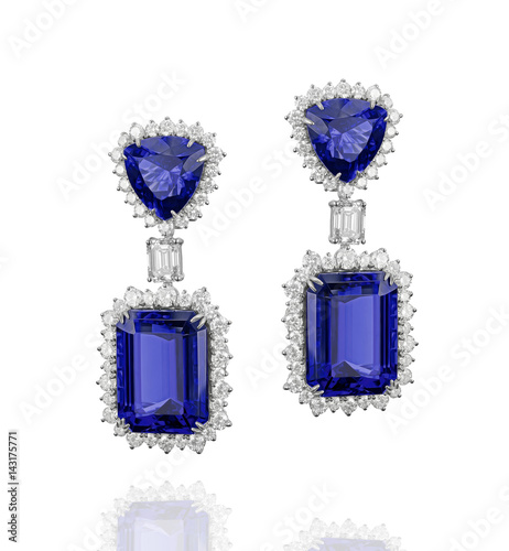 White gold earrings with diamonds and blue tanzanite sapphires