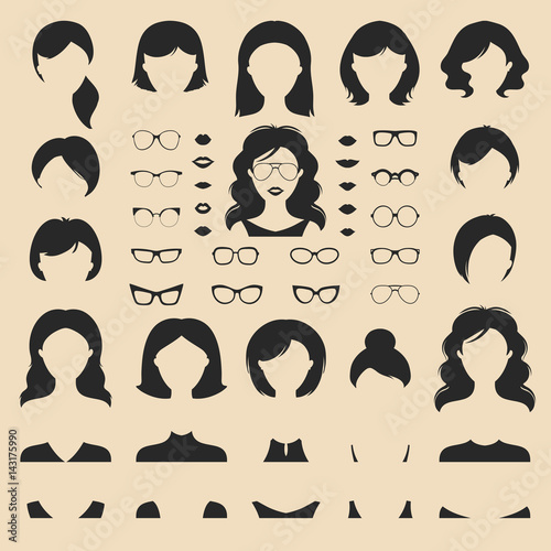 Big vector set of dress up constructor with different woman haircuts etc in flat style. Female faces icon creator.