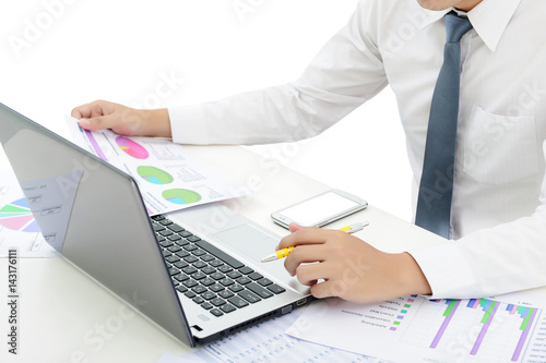 business man working at office with smartphone  laptop and documents on white background