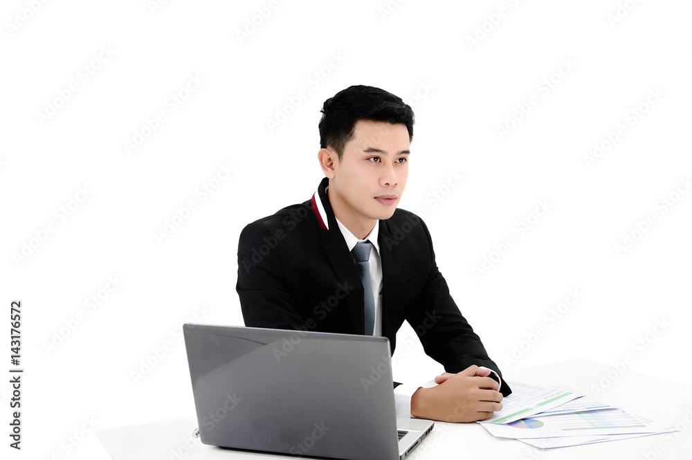 business man working at office with laptop and documents on white background business man working at office with laptop and documents on white background