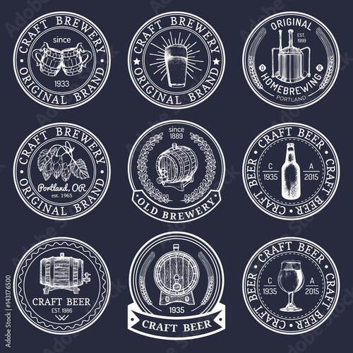 Old brewery logos set. Kraft beer retro signs with hand sketched glass, barrel, bottle etc. Vector lager, ale labels.