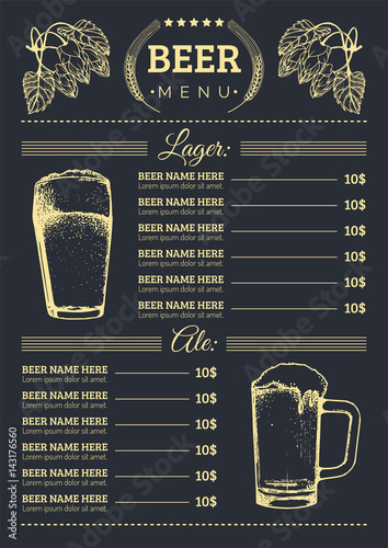 Beer menu design template.Vector pub, restaurant card with hand sketched lager,ale illustrations. Brewery elements icons