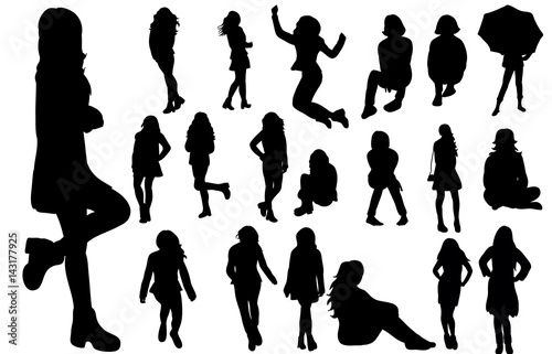 A collection of silhouettes of a teenager girl stands and sits a vector
