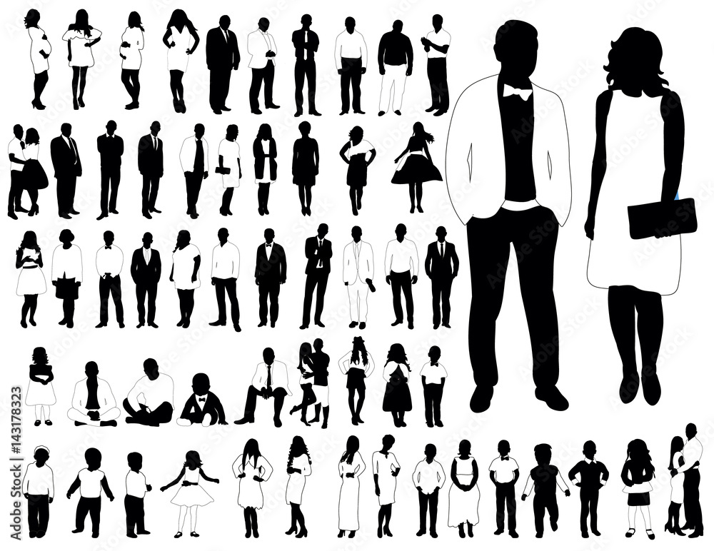Collection of black and white silhouettes of men and women Collection of black and white silhouettes of men and women
