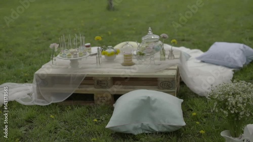 Picknicktisch mit Paletten im Garten mit Blüten Kamerafahrt photo